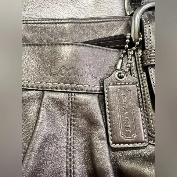 COACH Soho Pleated Shoulder Tote Bag Leather Metallic Gray - Picture 8 of 9